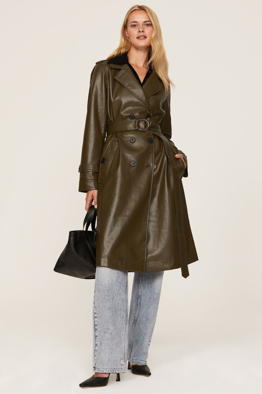 Marissa Webb Brown Faux Leather Double Breasted Trench Coat Size 6 Biker Chic